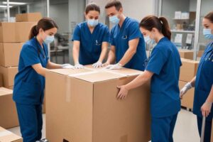 logistical planning for commercial, retail, restaurant or medical office building relocations - group of medical staff and movers wearing PPE