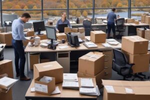 group of corporate workers and moving professionals packing boxes and organizing an office for a relocation