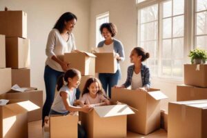 family packing boxes and preparing for a residential moving in Massachusetts